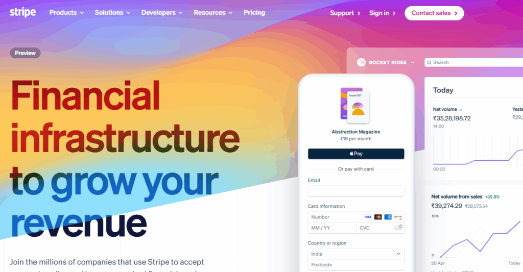 Stripe homepage highlighting financial infrastructure with payment form and revenue dashboard.