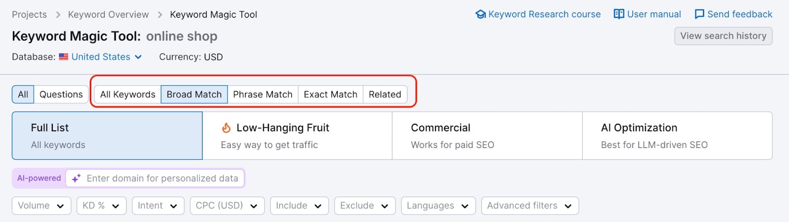 Keyword Magic Tool match type filters (Broad, Phrase, Exact and Related).