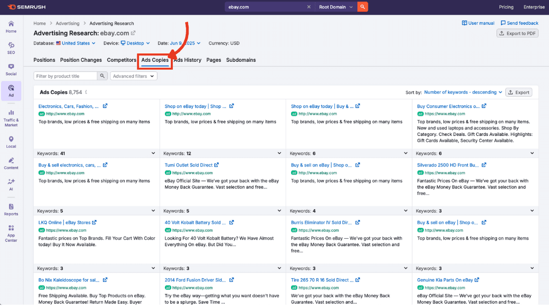 Ads Copies tab revealing text ads used by competitors in paid search.