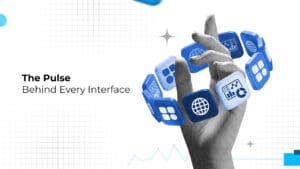 Hand interacting with floating UI elements and analytics icons, representing modern digital interface design and data-driven UX.