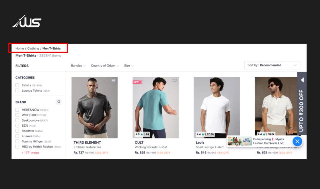 Breadcrumb navigation example showing Home, Clothing, and Men T-Shirts path on an ecommerce category page.