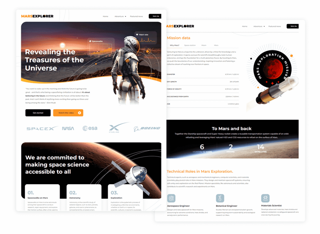 Website design mockup for "Mars Explorer," featuring a futuristic space theme with an astronaut on Mars, mission data charts, technical career roles, and partner logos like SpaceX and NASA.