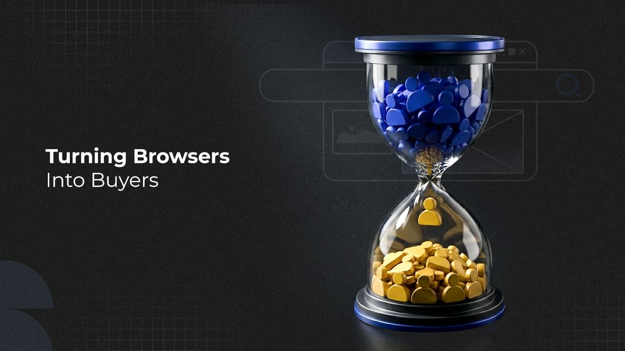 Dark-themed digital illustration showing an hourglass filled with blue user icons in the upper chamber and gold buyer icons in the lower chamber, symbolizing conversion optimization. The text "Turning Browsers Into Buyers" appears on the left, representing the process of converting website visitors into customers.
