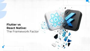 Flutter vs React Native framework comparison illustration featuring Flutter and React Native logos colliding with a dynamic shattering effect, symbolizing cross-platform app development competition.