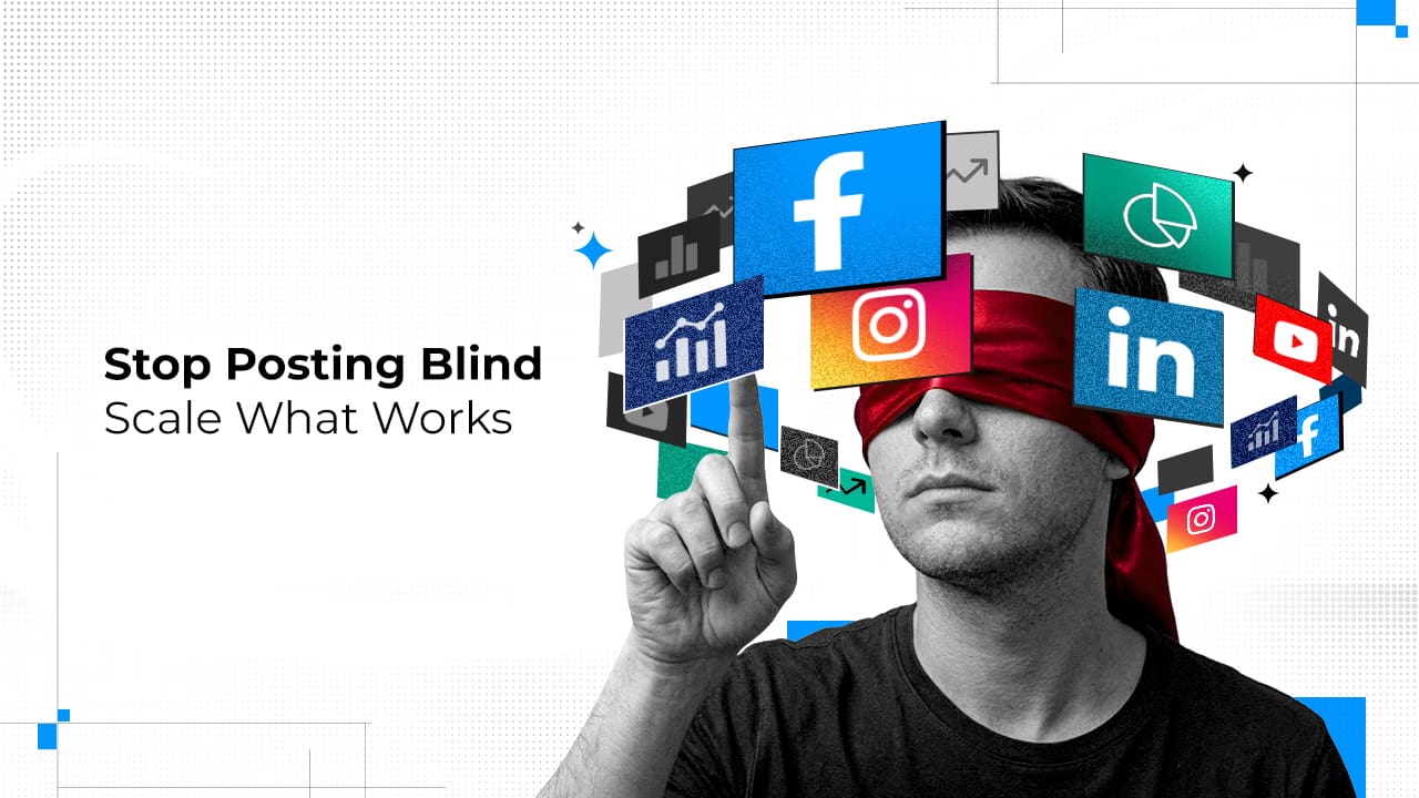 Data driven social media strategy illustration showing blindfolded marketer analyzing social media analytics.