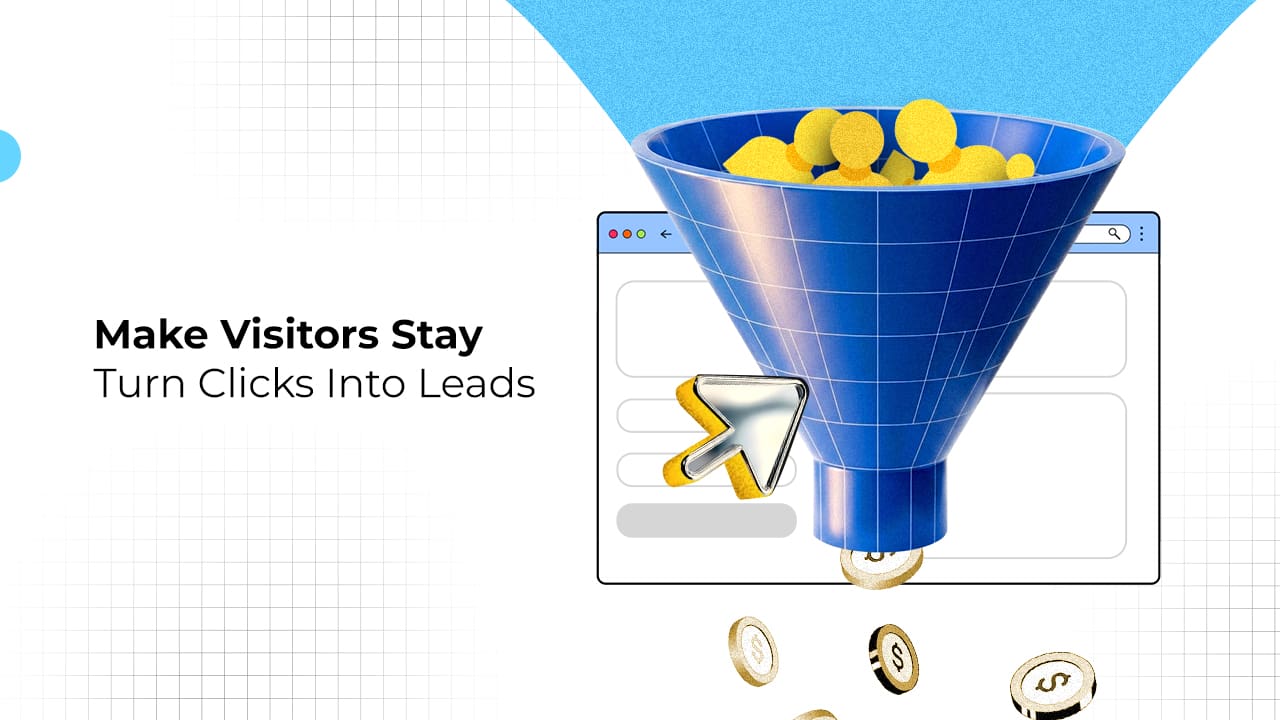 Conversion-focused homepage illustration showing a lead generation funnel turning website clicks into customer leads.
