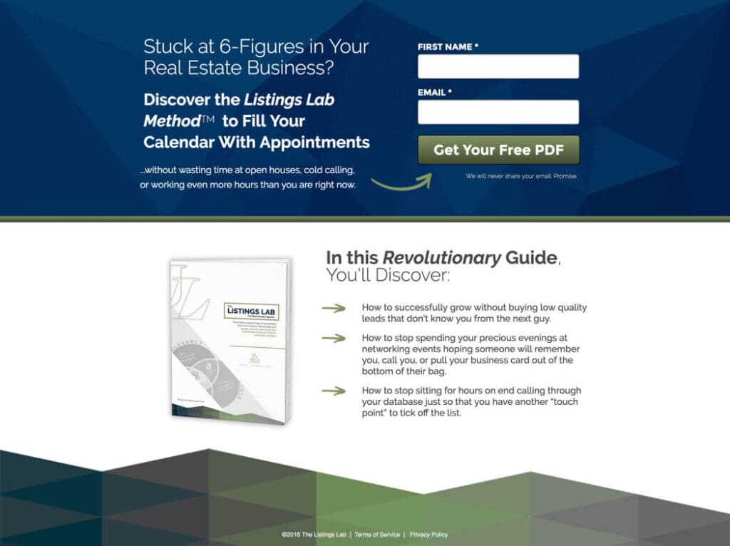 Landing page mockup for a real estate lead magnet titled "The Listings Lab Method." The layout features a dark blue hero section with a lead capture form, a green CTA button reading "Get Your Free PDF," and a white lower section showcasing a 3D book mockup alongside a bulleted list of key benefits.