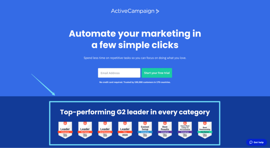 Landing page mockup for ActiveCampaign featuring a bright blue hero section with a signup form, a primary call-to-action button reading "Start your free trial," and a dark blue lower section showcasing G2 award badges under the heading "Top-performing G2 leader in every category."