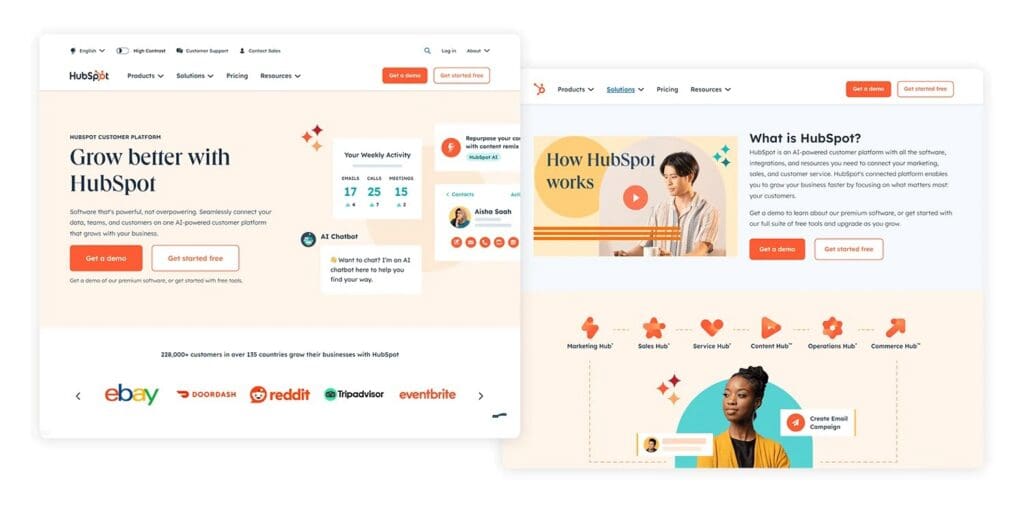 Website homepage design mockup for HubSpot, showing a clean desktop layout with a soft cream and white color palette. The hero section features the headline "Grow better with HubSpot," orange primary call-to-action buttons, user activity dashboard graphics, and a carousel of prominent client logos including eBay, DoorDash, and Reddit.