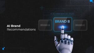 AI recommendation engine highlighting brand selection with a robotic hand choosing the top AI brand recommendation.