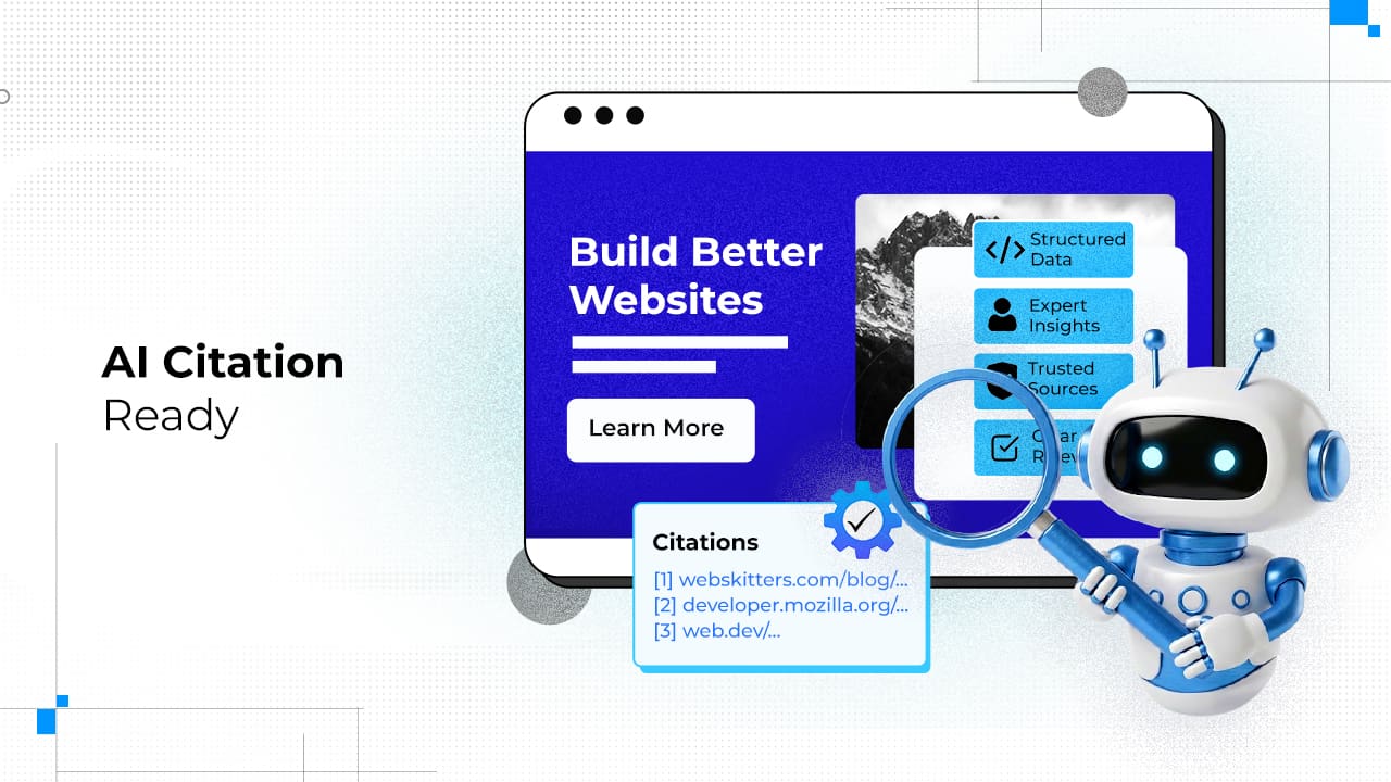 AI citation ready website illustration showing structured data, trusted sources, citations, and an AI bot for AI Citation Ready.