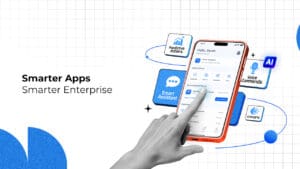 AI-powered enterprise mobile app interface featuring a smart assistant, predictive actions, voice commands, and AI insights for enhanced user experience.