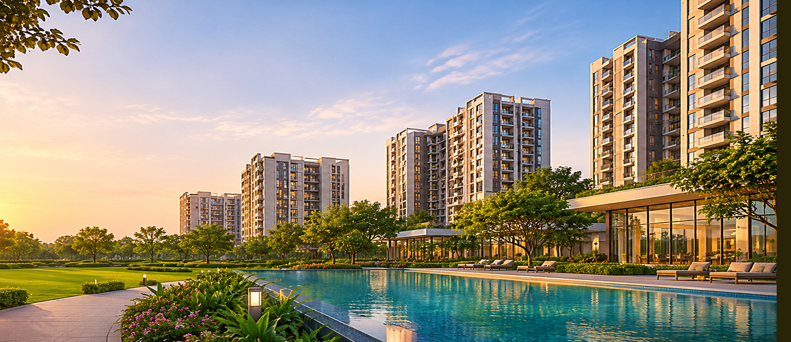 Luxury residential high-rise buildings with a large swimming pool and landscaped lawn at sunset.