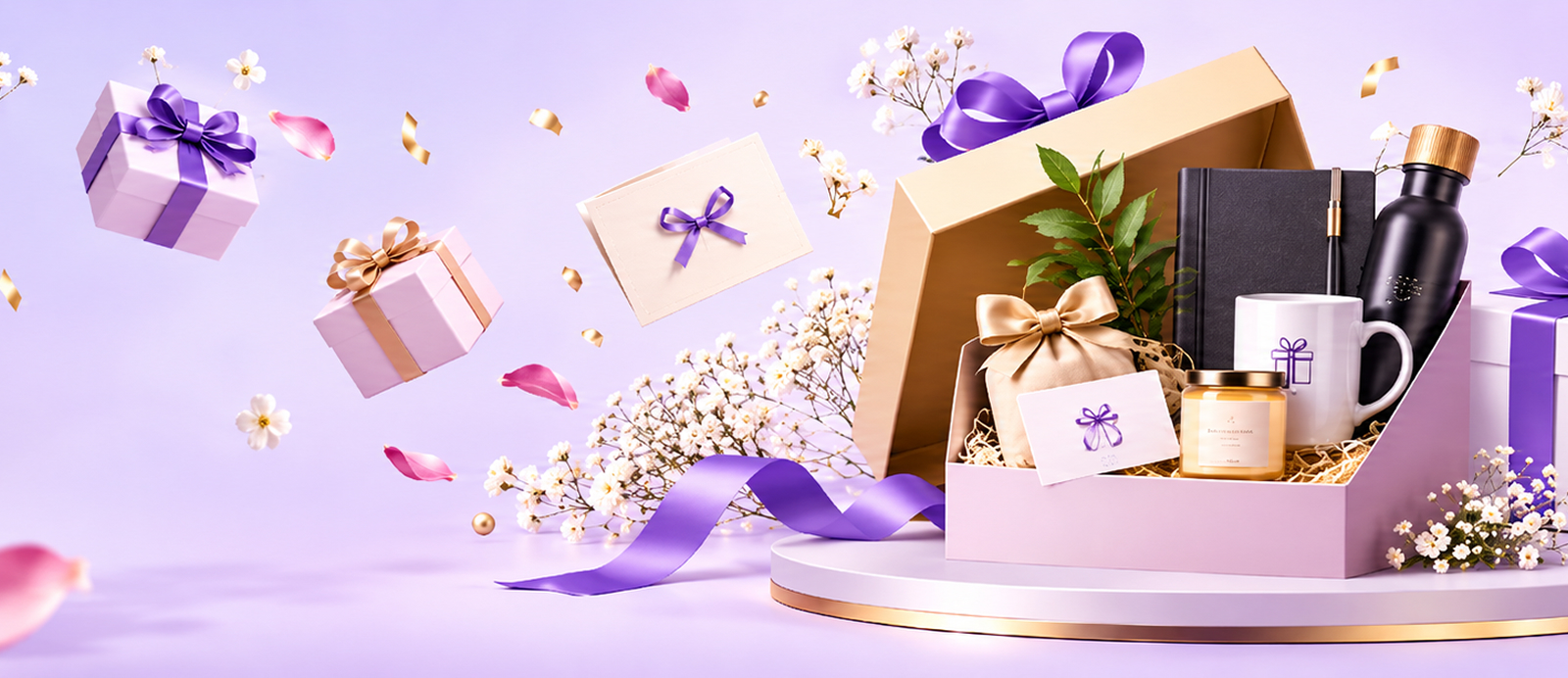 Curated corporate gift box featuring a notebook, water bottle, mug, and candle on a purple background with ribbons and floating gifts.